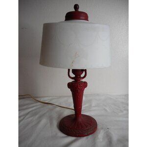 Antique Red Boudoir Desk lamp Metal Floral Basket